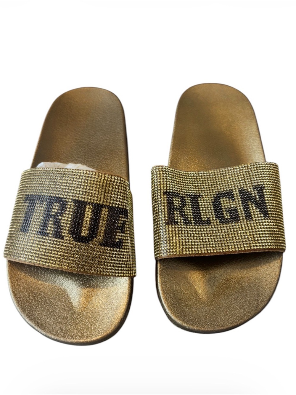 True Religion Gold Rhinestone Slide Sandals